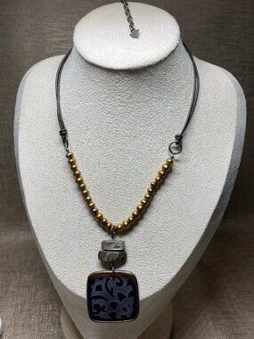 Jade Pendant Necklace Abalone Shell Gold Pearl Beads Leather Cord 925 Sterling